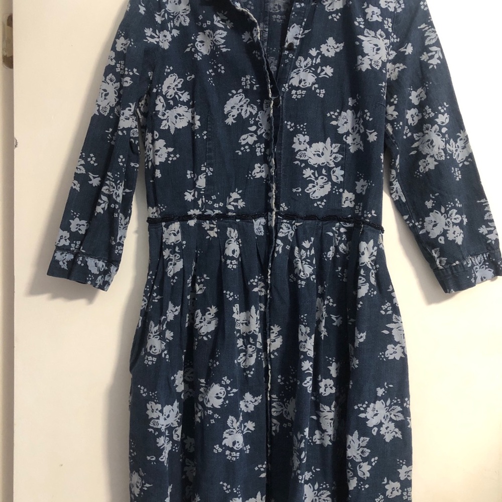 GAP Indigo/Blue Floral Button-Front Dress with Two Pockets 100% Cotton